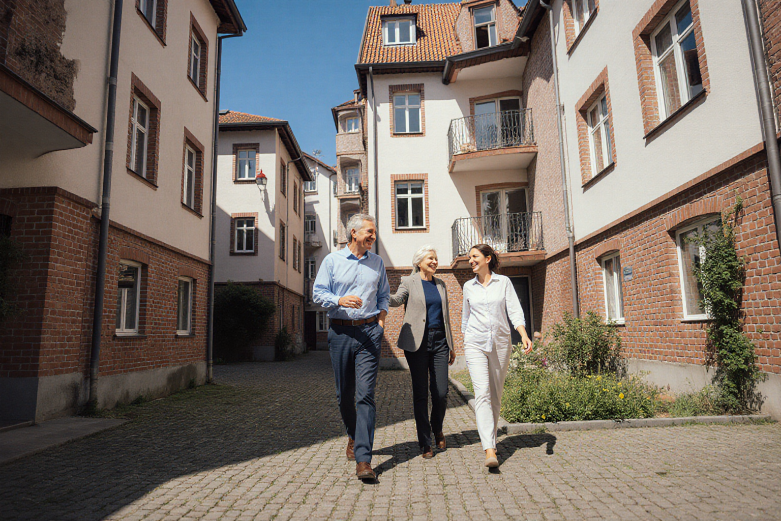 lebendiger Dreier-Rundgang durch Hof eines gepflegten deutschen Mietshauses mit mehreren Wohnungen