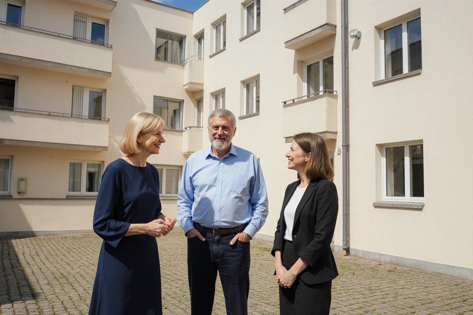 Eigentümer und Beraterin betrachten normales deutsches Mehrfamilienhaus im Hof, offene natürliche Haltung und freundliches Gespräch