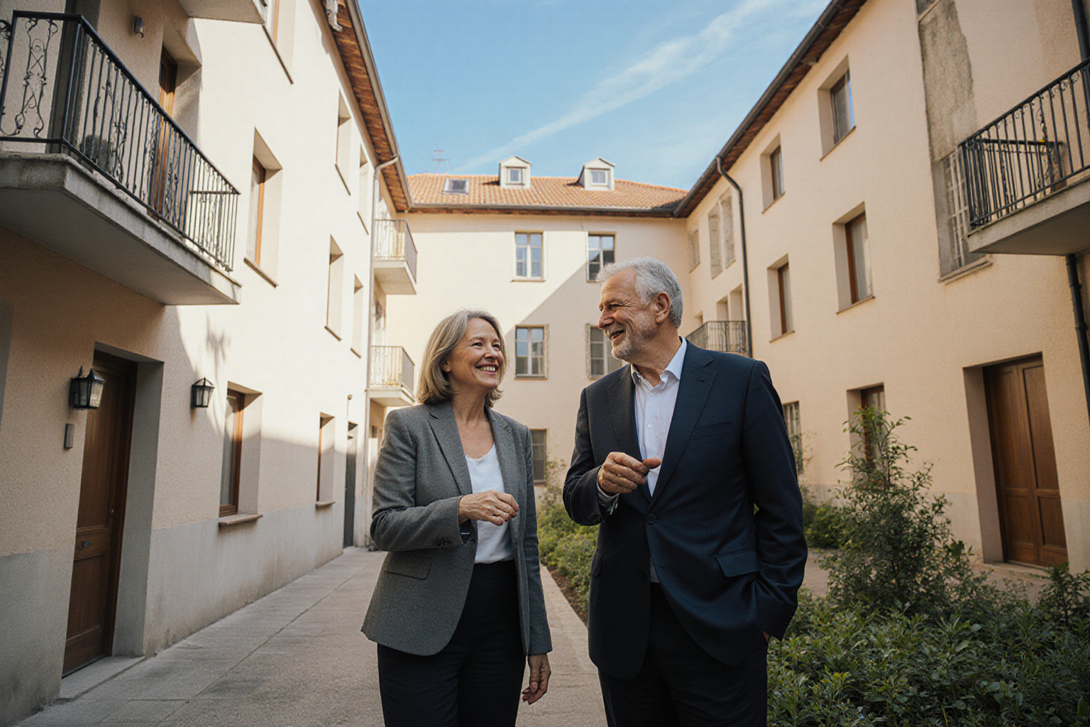 Beruflicher Rundgang am deutschen Mehrfamilienhaus mit Hof